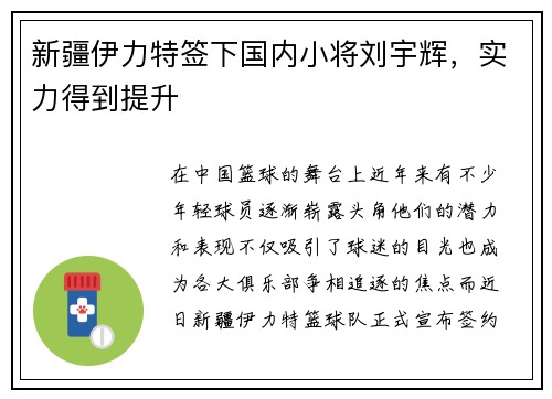 新疆伊力特签下国内小将刘宇辉，实力得到提升