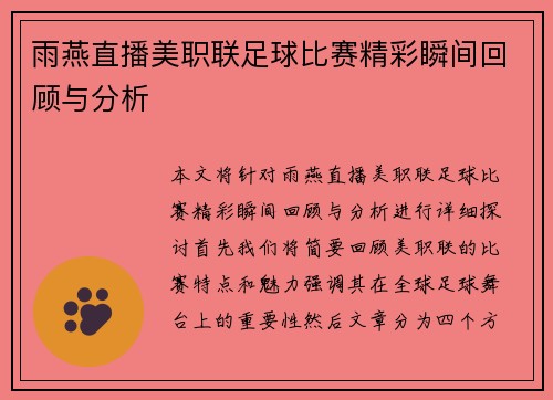 雨燕直播美职联足球比赛精彩瞬间回顾与分析